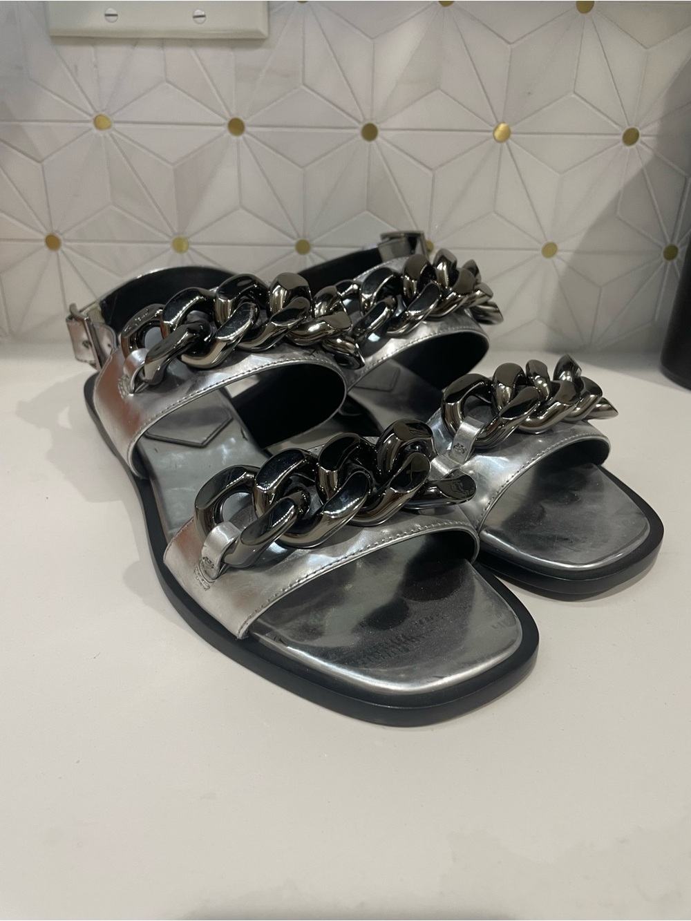 Tory Burch Metallic Silver Chain-Link Sandals